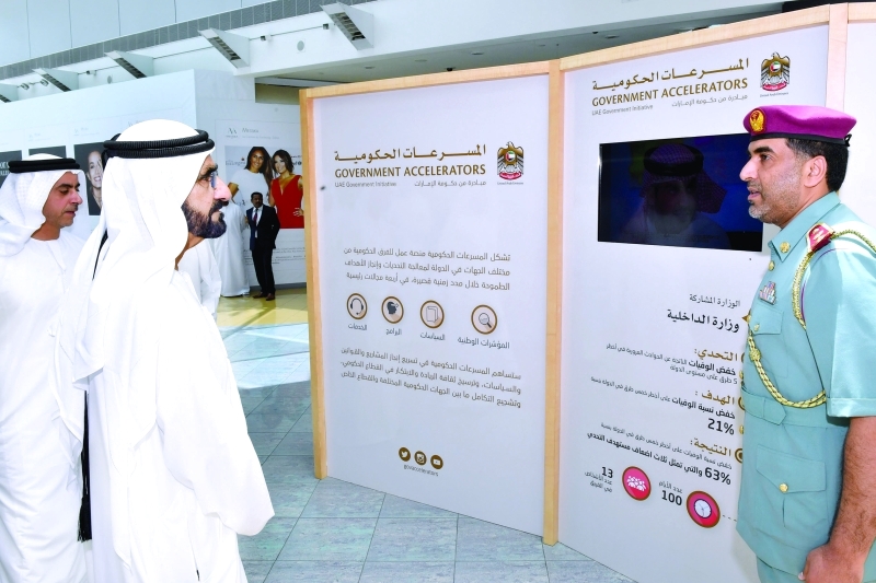 "■ محمد بن راشد يستمع إلى مبادرات الداخلية بحضور سيف بن زايد"