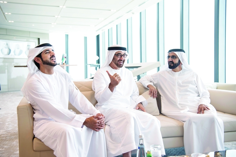 "■ محمد بن راشد ومحمد بن زايد وحمدان بن محمد خلال اللقاء | تصوير: سيف محمد وحمد الكعبي"