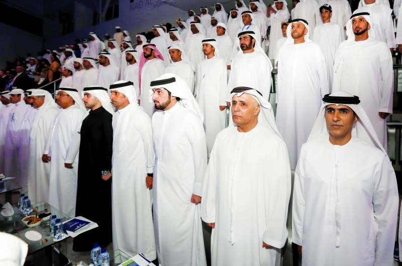 "■ أحمد بن محمد خلال الافتتاح بحضور زايد بن مكتوم وسالم بن سلطان القاسمي وعبدالله خليفة ومطر الطاير وسامي القمزي وعدد من القيادات الرياضية"