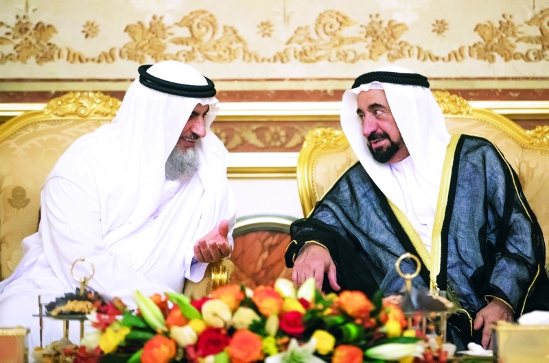 "■ سلطان القاسمي خلال استقباله محمد بن حمدان آل نهيان   |  وام"