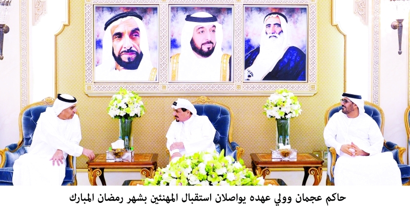 "■ حميد النعيمي مستقبلاً عبيد الطاير وحسين الحمادي | وام"