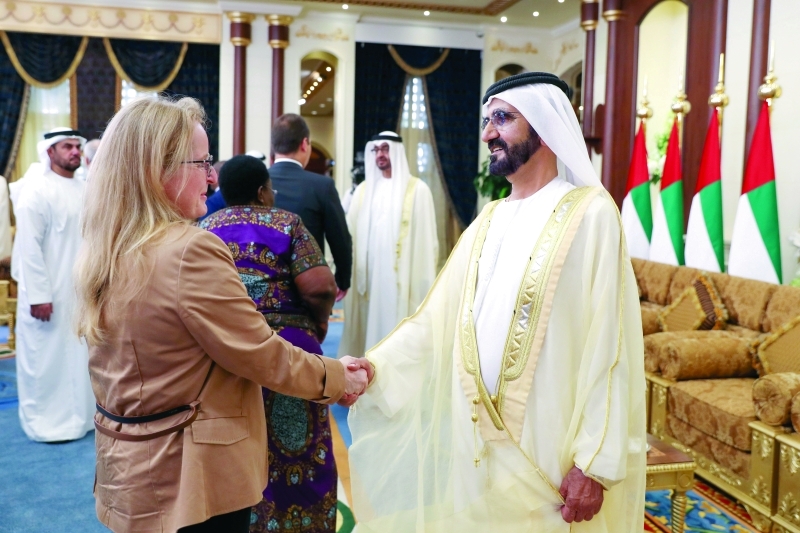 "محمد بن راشد ومحمد بن زايد خلال الاستقبال"