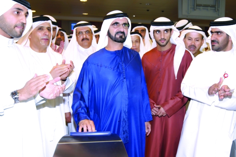 "■ محمد بن راشد خلال افتتاح مترو دبي في 09 ـ 09 / 2009 بحضور حمدان بن محمد وحمدان بن راشد وأحمد بن سعيد ومطر الطاير وخليفة سليمان | أرشيفية"