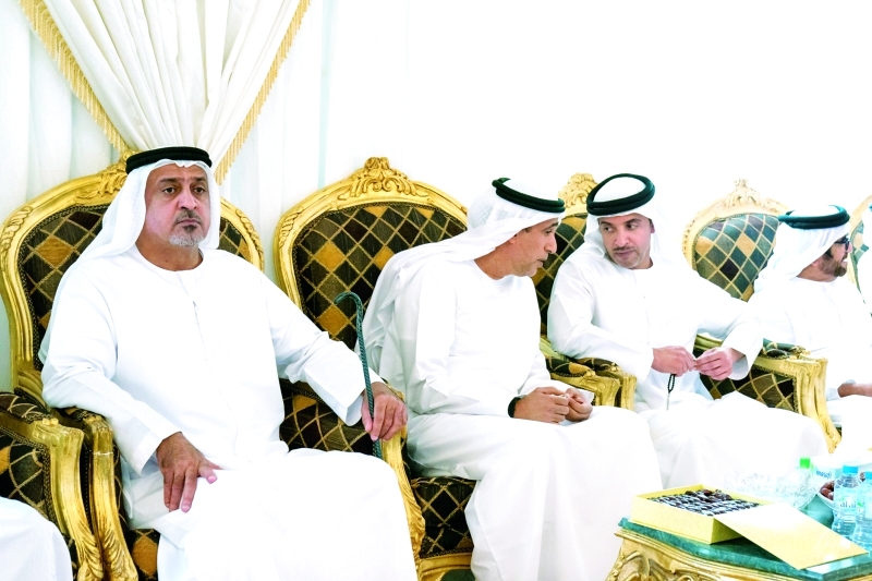 "■ سيف بن محمد وهزاع بن زايد وسلطان بن خليفة خلال العزاء"