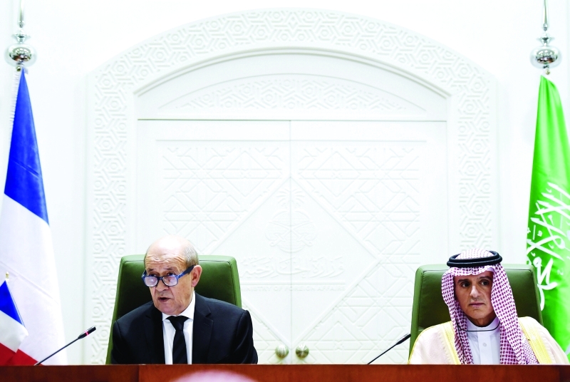 "Ⅶ عادل الجبير وجان إيف لودريان خلال المؤتمر الصحافي في الرياض | أ.ف.ب"