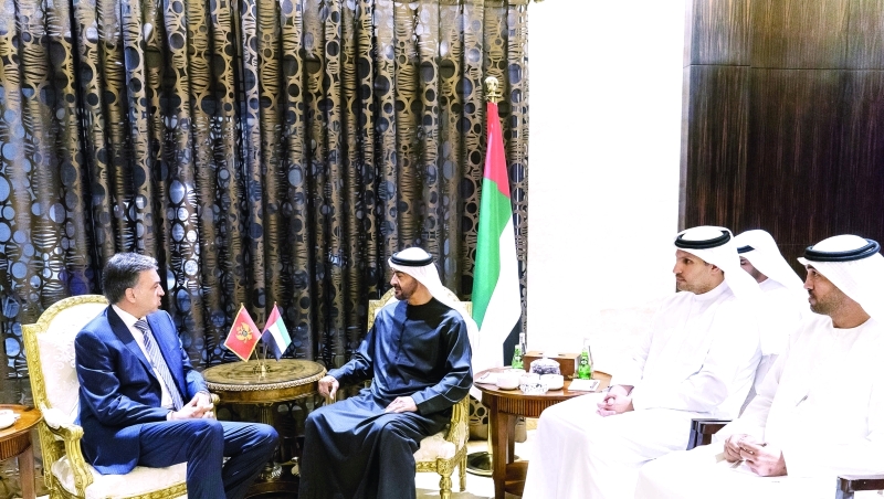 "Ⅶ محمد بن زايد ورئيس مونتينيغرو خلال اللقاء بحضور خلدون المبارك ومحمد الحمادي"
