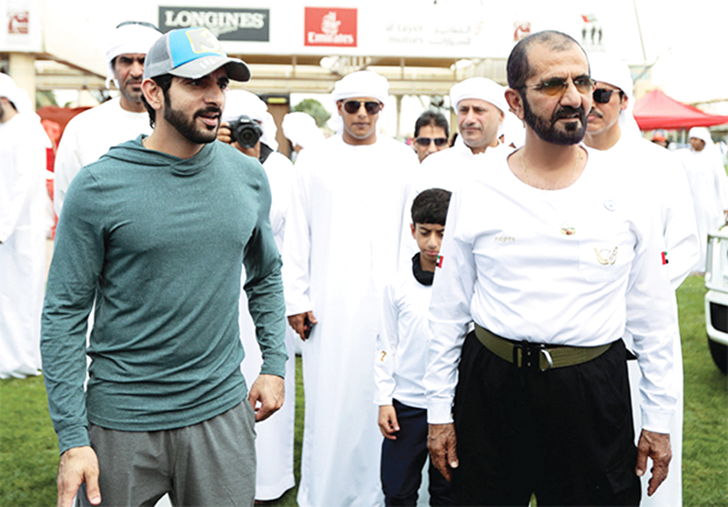 "محمد بن راشد وحمدان بن محمد خلال حضورهما مهرجان ولي العهد للقدرة | تصوير: سالم خميس"