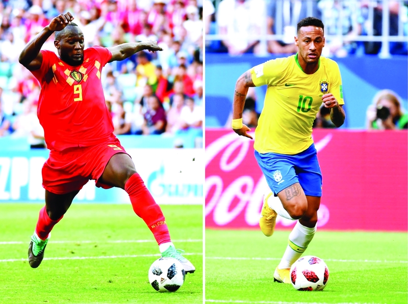 "(COMBO) This combination of photos created on July 4, 2018 shows Belgium's forward Romelu Lukaku in Sochi on June 18, 2018 (L) and Brazil's forward Neymar in Samara on July 2, 2018. Brazil will face Belgium in their Russia 2018 World Cup quarter-final football match at the Kazan Arena in Kazan on July 6, 2018. / AFP / Nelson ALMEIDA AND Emmanuel DUNAND"