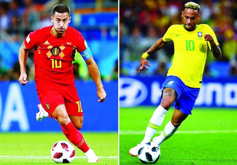 "(COMBO) This combination of photos created on July 4, 2018 shows Belgium's forward Eden Hazard in Rostov-On-Don on July 2, 2018 (L) and Brazil's forward Neymar in Moscow on June 27, 2018. Brazil will face Belgium in their Russia 2018 World Cup quarter-final football match at the Kazan Arena in Kazan on July 6, 2018. / AFP / Patrik STOLLARZ AND Odd ANDERSEN"