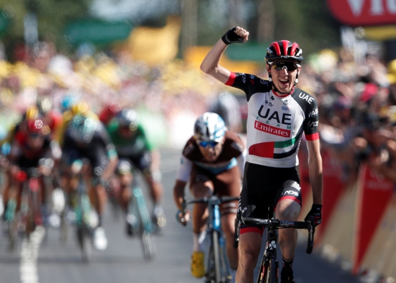 "Cycling - Tour de France - The 181-km Stage 6 from Brest to Mur-de-Bretagne Guerleden - July 12, 2018 - UAE Team Emirates rider Daniel Martin of Ireland wins the stage. REUTERS/Benoit Tessier"