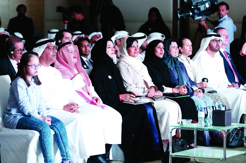 "سلطان الجابر وريم الهاشمي وريما بنت بندر ومحمد الجنيبي والحضور خلال المؤتمر الصحافي | تصوير - مجدي اسكندر"