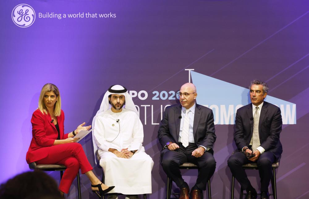 "Mohammad Al Bulooki, COO at Etihad, Ahmed Safa, Divisional SVP at Emirates Engineering and Mohamed Ali, VP & GM - Engineering at GE Aviation discussing 'Taking Flight'"