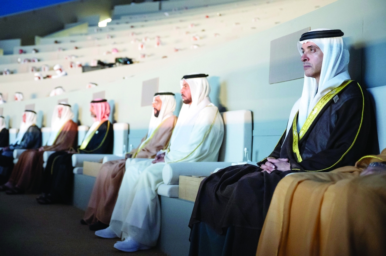 "سعود بن صقر وسلطان بن محمد بن سلطان وعمار النعيمي وحمدان بن زايد وطحنون بن محمد وهزاع بن زايد خلال الحفل"