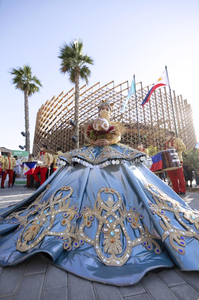 "DUBAI, 11 February 2022. Cultural Performance outside the Philippines Pavilion during the Philippines National Day Pavilion Visit, Expo 2020 Dubai. (Photo by Anthony Fleyhan/Expo 2020 Dubai)"