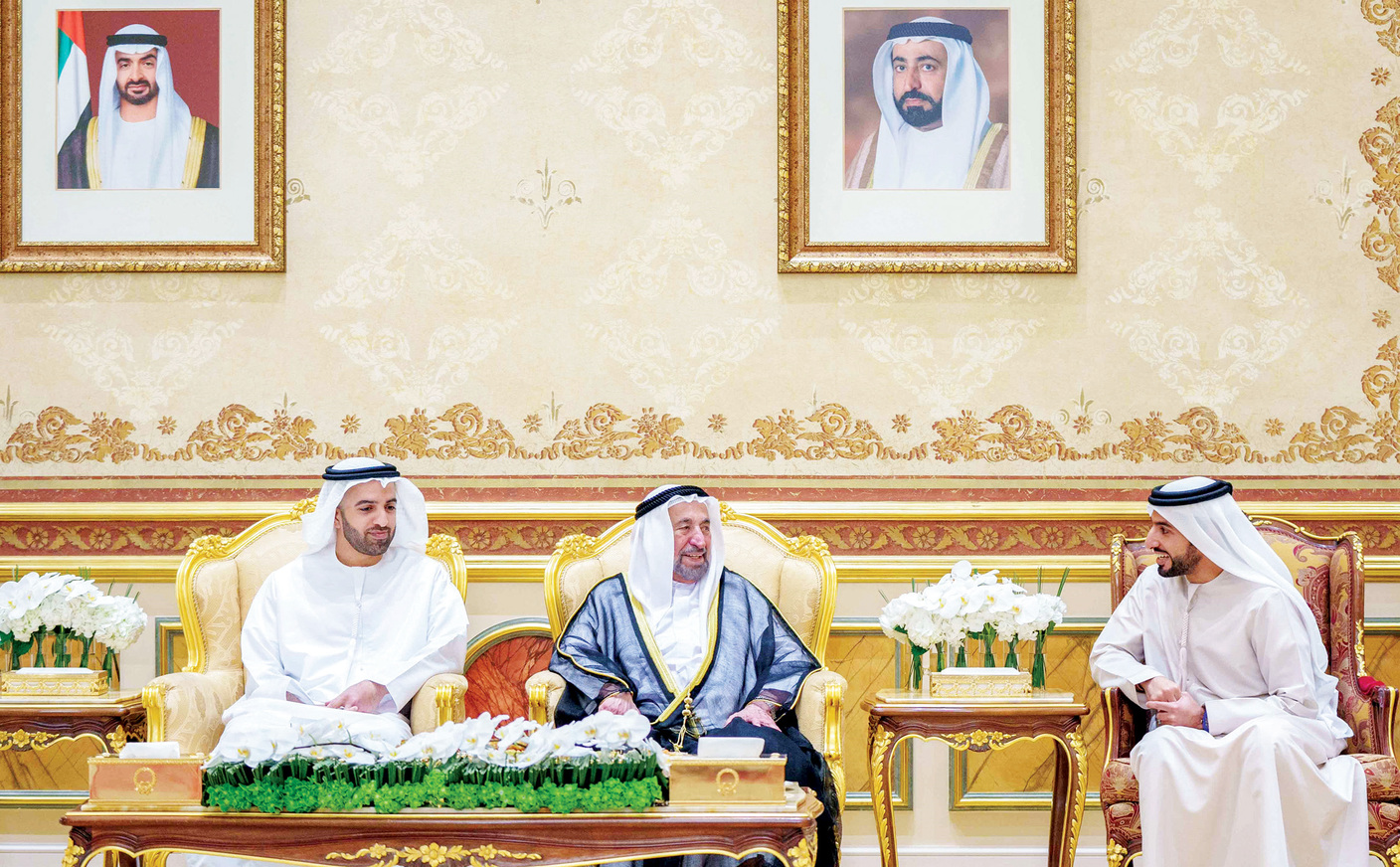 "سلطان القاسمي خلال تقبّل تهاني محمد بن سعود وراشد بن حميد | وام"