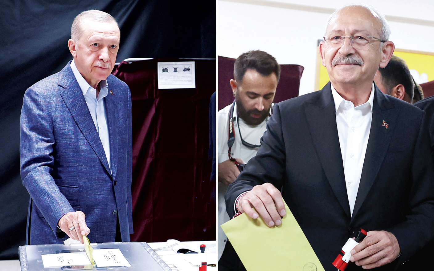 "كمال كليتشدار أوغلو ورجب طيب أردوغان في صورة مركّبة يدليان بصوتيهما في مركزين منفصلين | أ.ف.ب"