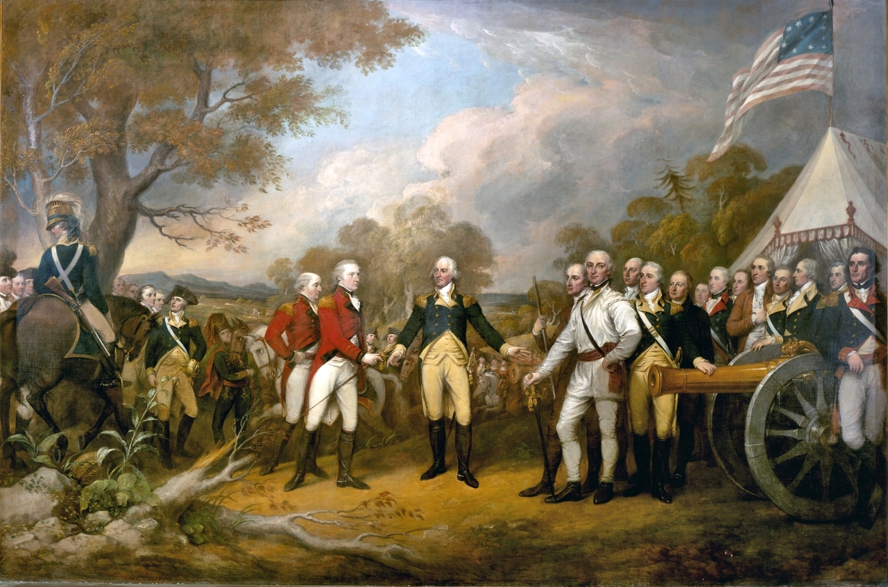 "1777 القوات الأمريكية تهزم البريطانيين في معركة ساراتوجا، وذلك أثناء حرب الاستقلال الأمريكية."