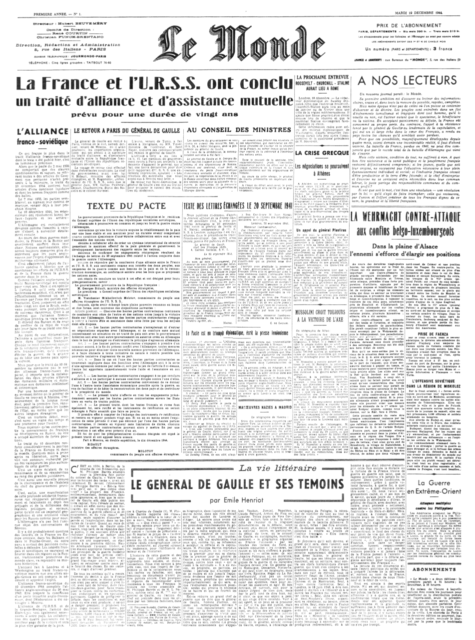 "1944 صدور أول عدد من جريدة لوموند الفرنسية."