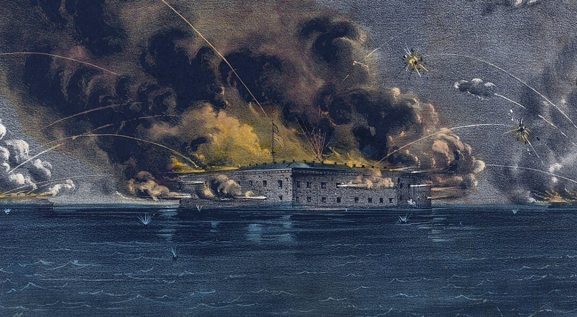 "1861 القوات الكونفدرالية تطلق النار على فورت سمتر في ساوث كارولينا خلال الحرب الأهلية الأمريكية."