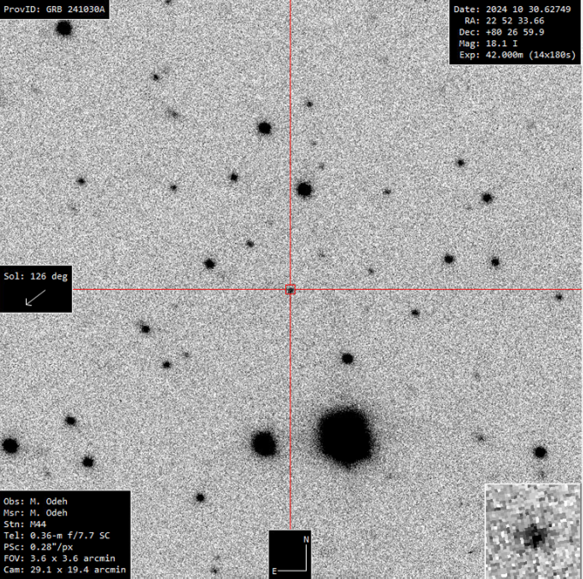 الجرم على هيئة نجم صغير تحيط به النجوم المعروفة والمسجلة سابقاً