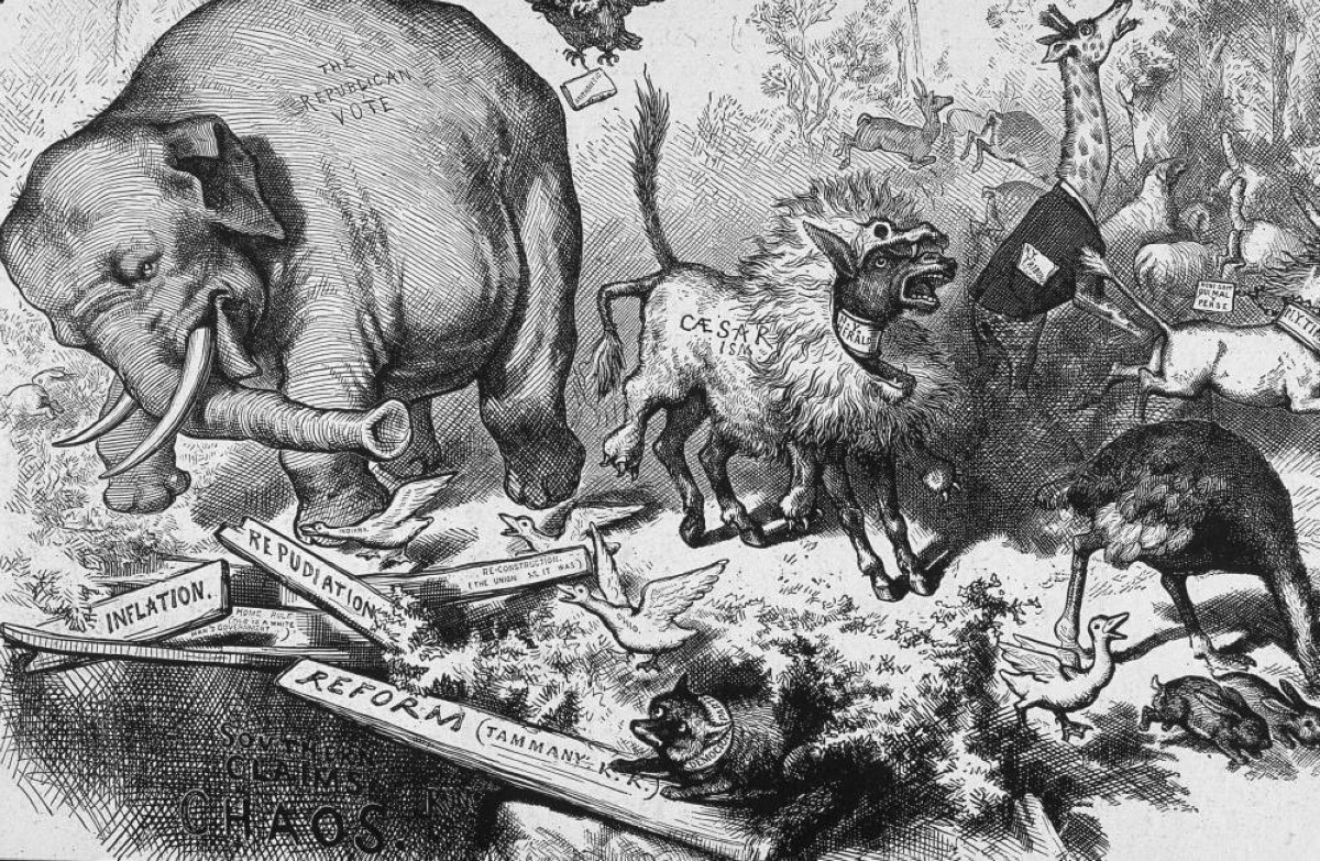 1874 أول استخدام مهم للفيل رمزاً للحزب الجمهوري الأمريكي، رسمه توماس ناست.