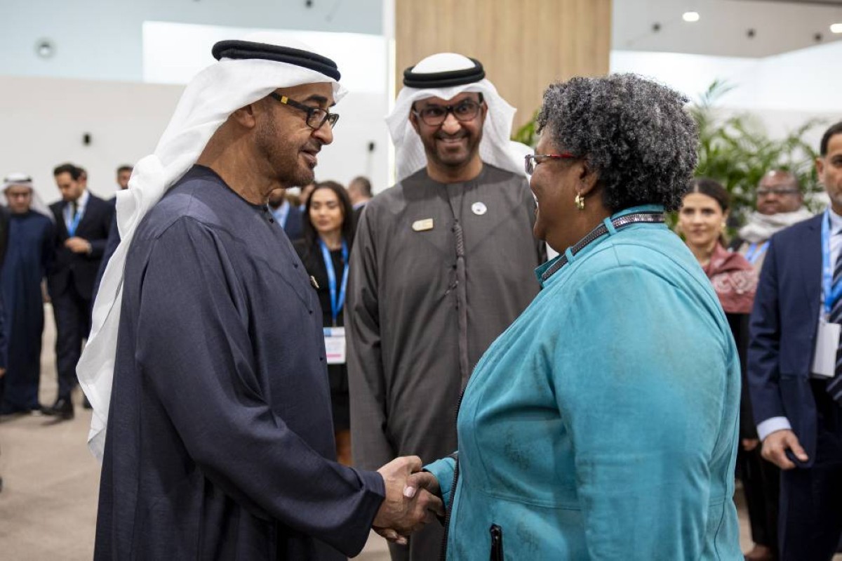 BAKU, AZERBAIJAN - November 12, 2024: HH Sheikh Mohamed bin Zayed Al Nahyan, President of the United Arab Emirates (L), greets HE Mia Mottley, Prime Minister of Barbados (R), on the sidelines of the World Leaders Climate Action Summit (WLCAS), at COP29.
( Ryan Carter / UAE Presidential Court )
---