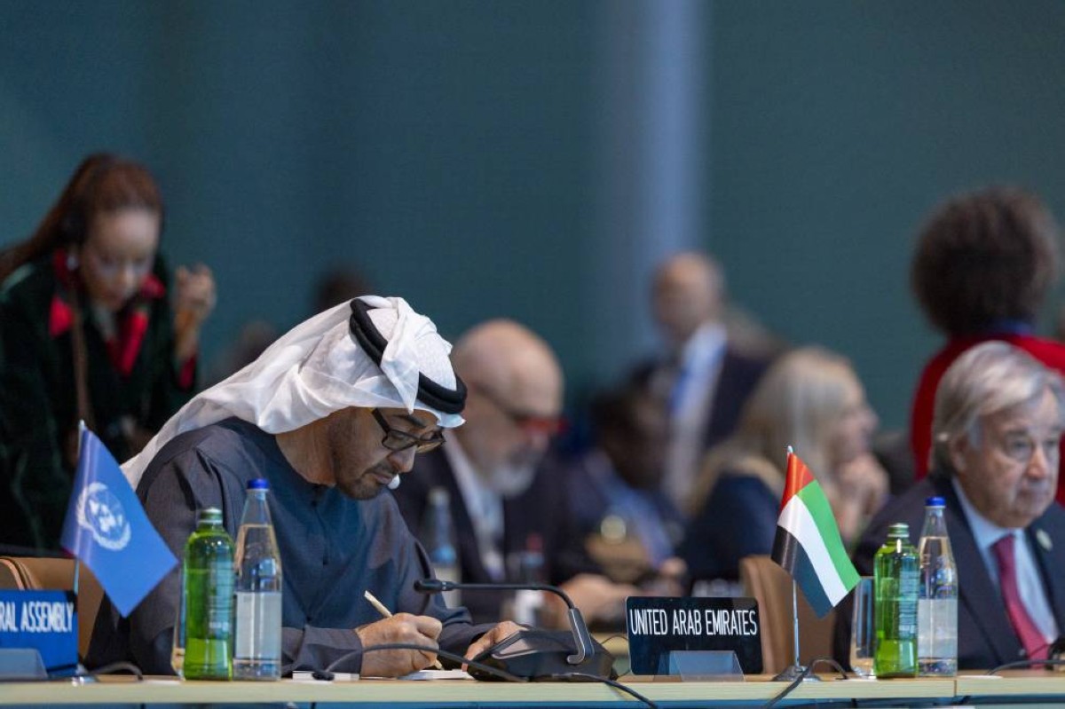 BAKU, AZERBAIJAN - November 12, 2024: HH Sheikh Mohamed bin Zayed Al Nahyan, President of the United Arab Emirates (L), attends the World Leaders Climate Action Summit (WLCAS), at COP29.
( Ryan Carter / UAE Presidential Court )
---