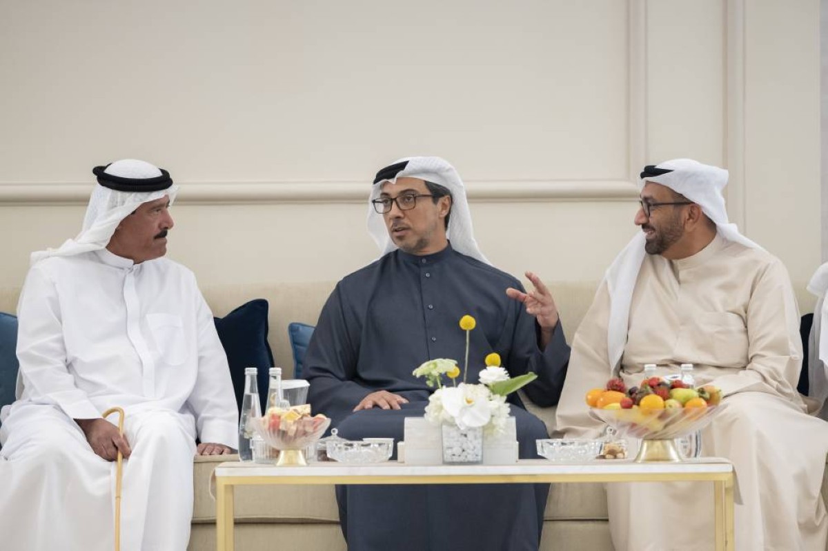 AL WATHBA, ABU DHABI, UNITED ARAB EMIRATES - November 28, 2024: HH Sheikh Mansour bin Zayed Al Nahyan, UAE Vice President and Deputy Prime Minister (C), receives strategic sponsors and partners participating in the Sheikh Zayed Heritage Festival. Seen with HE Sheikh Sultan bin Hamdan bin Mohamed Al Nahyan, Adviser to the UAE President and Chairman of the Camel Racing Federation (L).
( Eissa Al Hammadi / UAE Presidential Court )
---