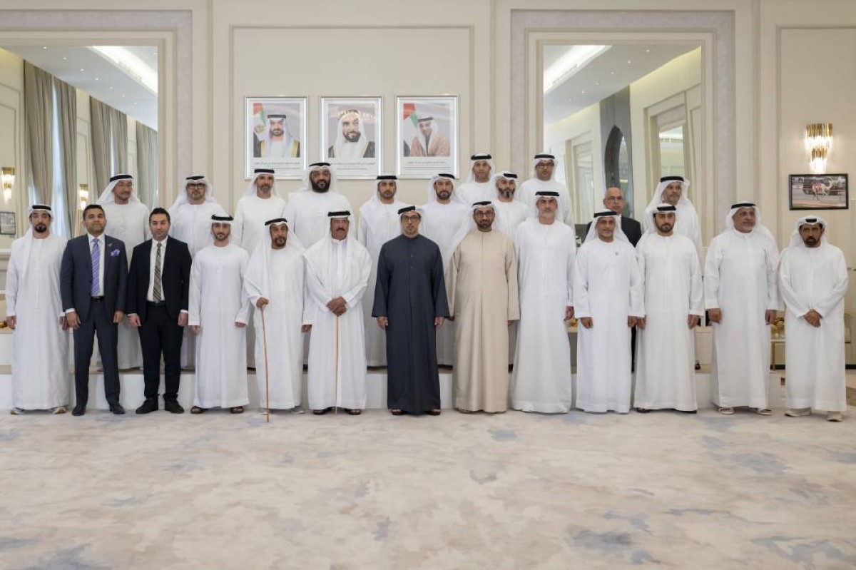 AL WATHBA, ABU DHABI, UNITED ARAB EMIRATES - November 28, 2024: HH Sheikh Mansour bin Zayed Al Nahyan, UAE Vice President and Deputy Prime Minister (7th R), stands for a photograph with strategic sponsors and partners participating in the Sheikh Zayed Heritage Festival. Seen with HE Sheikh Sultan bin Hamdan bin Mohamed Al Nahyan, Adviser to the UAE President and Chairman of the Camel Racing Federation (8th R), Abdullah Saeed Weraiqa Al Ameri (9th R).
( Eissa Al Hammadi / UAE Presidential Court )
---