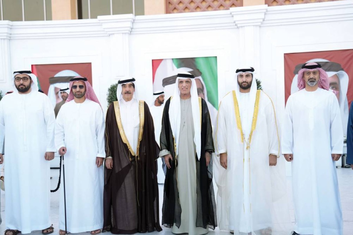سعود المعلا وسعود بن صقر وعمار النعيمي وراشد بن سعود المعلا ومحمد بن سعود خلال حفل الاستقبال |