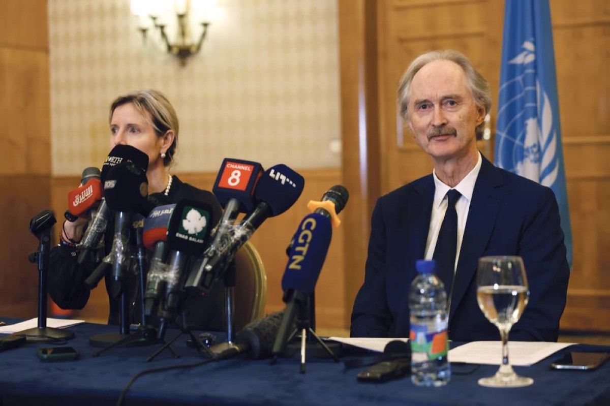 بيدرسون خلال مؤتمر صحافي في دمشق بعد لقائه أحمد الشرع