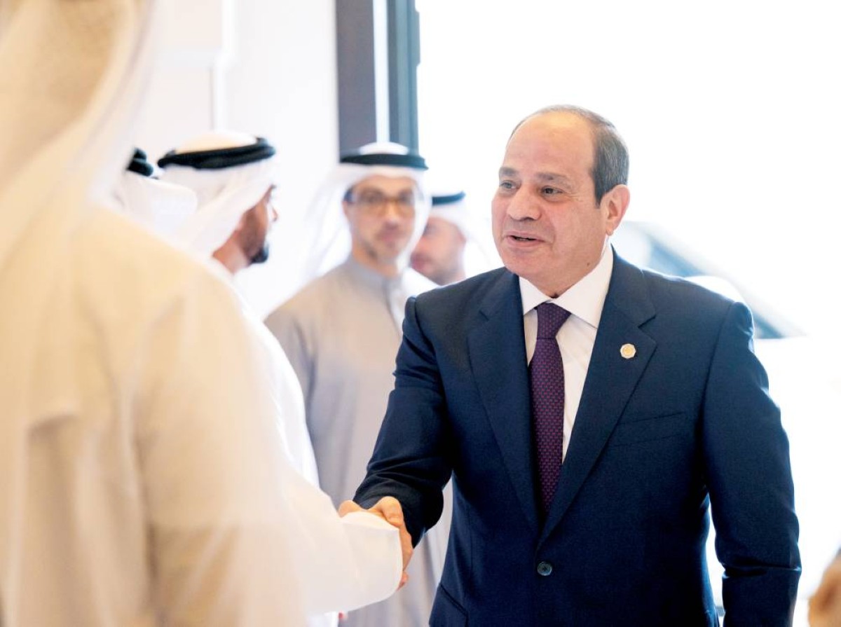  بحضور منصور وسيف بن زايد .. عبدالفتاح السيسي يصافح مستقبليه 