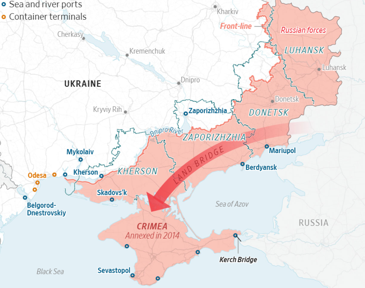 الجسر البري المفترض لروسيا بين شرق أوكرانيا والقرم  