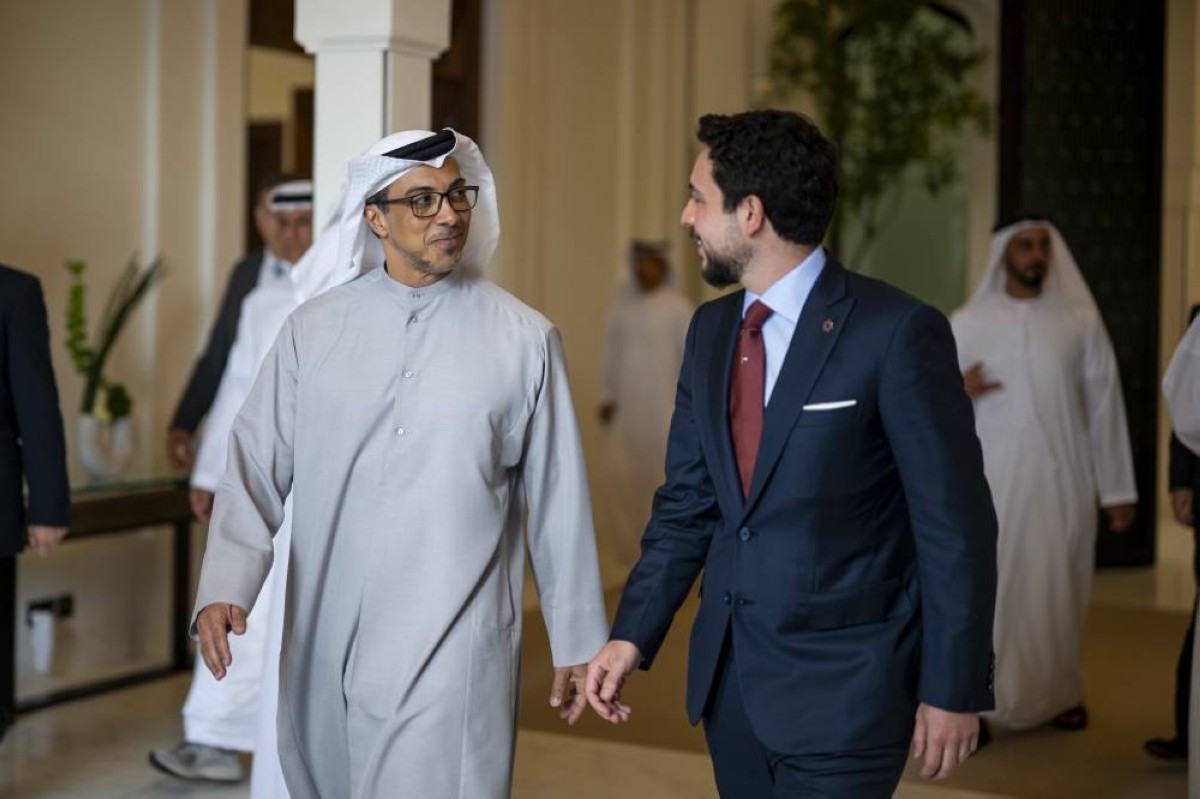 ABU DHABI, UNITED ARAB EMIRATES - September 07, 2025: HH Sheikh Mansour bin Zayed Al Nahyan, UAE Vice President and Deputy Prime Minister (L) and HRH Hussein bin Abdullah, Crown Prince of Jordan (R), depart after a meeting at Al Shati Palace.
( Hamad Al Kaabi / UAE Presidential Court )
---