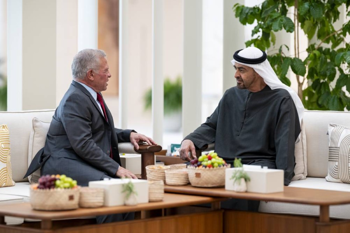 ABU DHABI, UNITED ARAB EMIRATES - September 07, 2025: HH Sheikh Mohamed bin Zayed Al Nahyan, President of the United Arab Emirates (R) meets with HM King Abdullah II, King of Jordan (L), at Al Shati Palace.
( Hamad Al Kaabi / UAE Presidential Court )
---