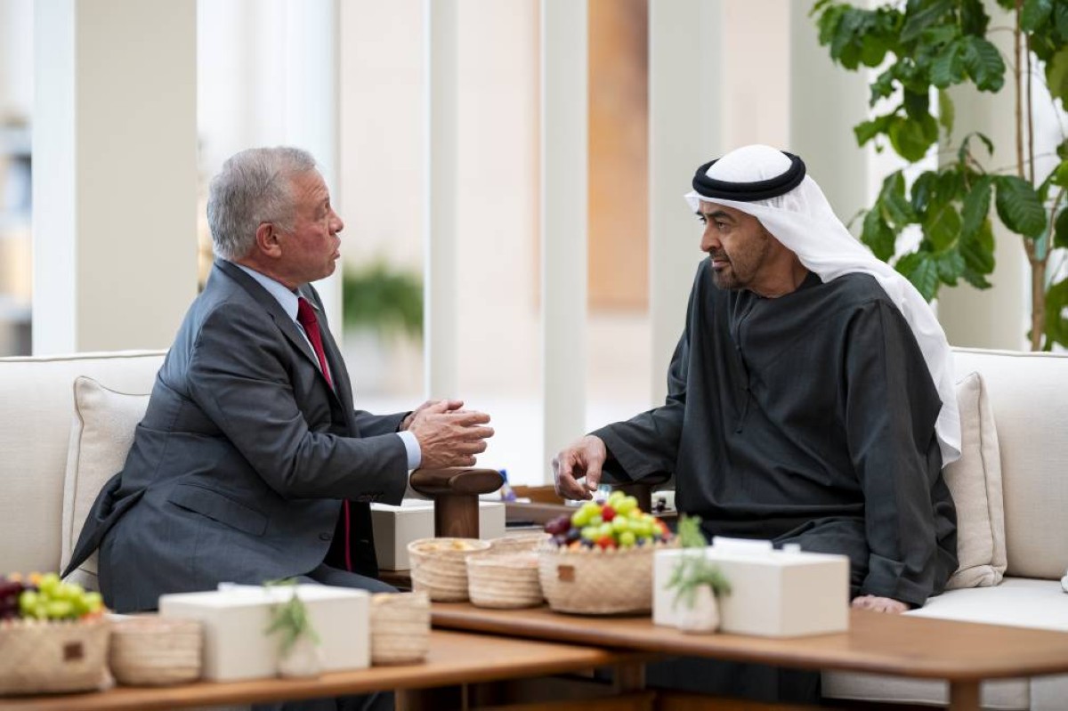 ABU DHABI, UNITED ARAB EMIRATES - September 07, 2025: HH Sheikh Mohamed bin Zayed Al Nahyan, President of the United Arab Emirates (R) meets with HM King Abdullah II, King of Jordan (L), at Al Shati Palace.
( Hamad Al Kaabi / UAE Presidential Court )
---