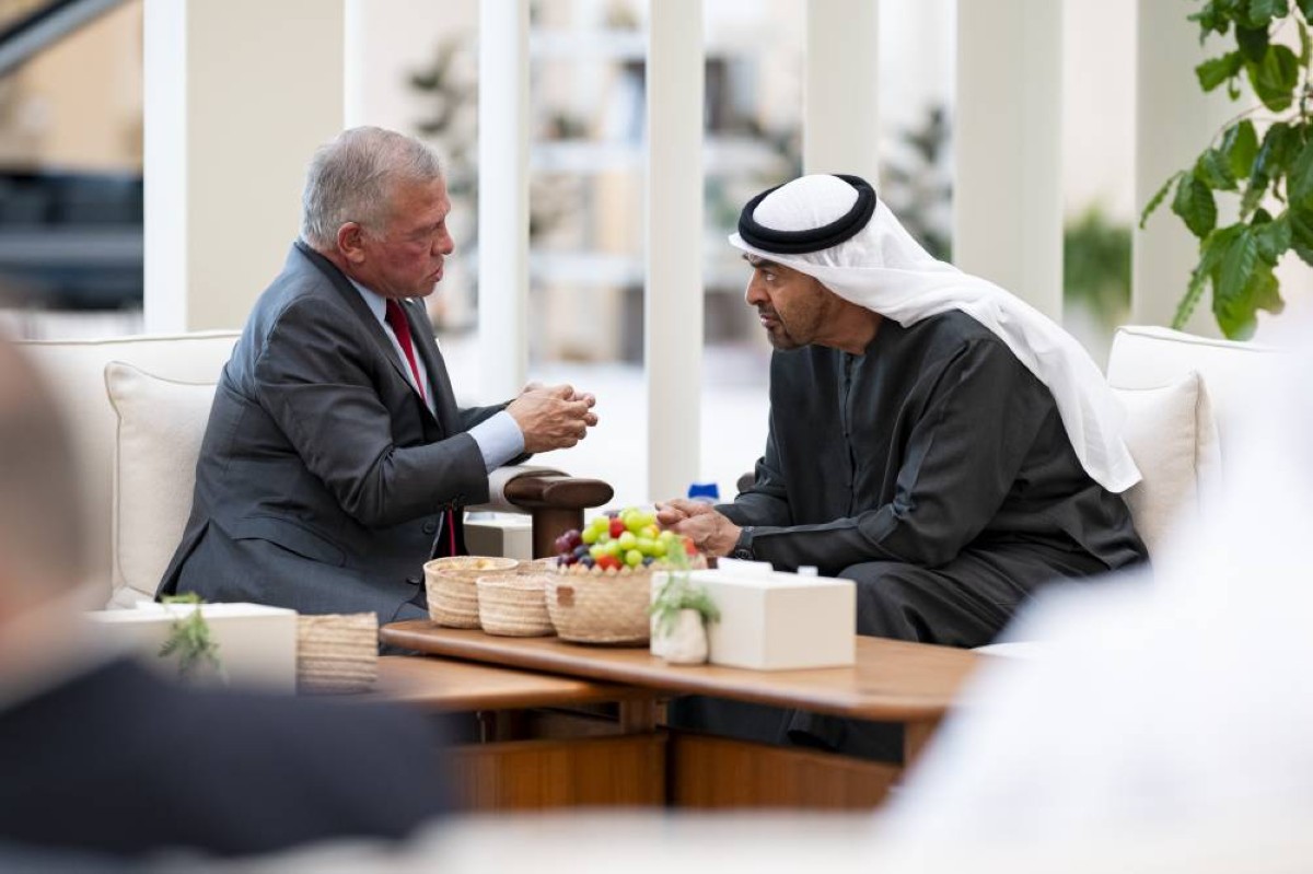 ABU DHABI, UNITED ARAB EMIRATES - September 07, 2025: HH Sheikh Mohamed bin Zayed Al Nahyan, President of the United Arab Emirates (R) meets with HM King Abdullah II, King of Jordan (L), at Al Shati Palace.
( Hamad Al Kaabi / UAE Presidential Court )
---