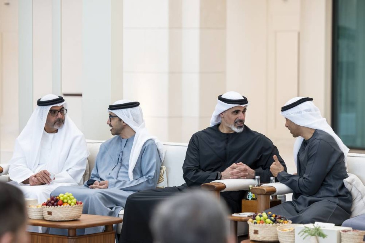 ABU DHABI, UNITED ARAB EMIRATES - September 07, 2025: (L-R) HH Sheikh Hamed bin Zayed Al Nahyan, HH Sheikh Abdullah bin Zayed Al Nahyan, UAE Deputy Prime Minister and Minister of Foreign Affairs, HH Sheikh Khaled bin Mohamed bin Zayed Al Nahyan, Crown Prince of Abu Dhabi and Chairman of Abu Dhabi Executive Council, and HH Sheikh Hamdan bin Mohamed bin Zayed Al Nahyan, Deputy Chairman of the Presidential Court for Special Affairs, attend a meeting with HM King Abdullah II, King of Jordan (not shown), at Shati Palace.   
( Ryan Carter / UAE Presidential Court )
---
