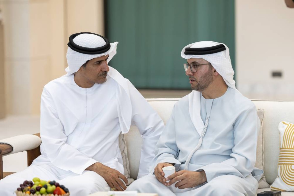 ABU DHABI, UNITED ARAB EMIRATES - September 07, 2025: (L-R) HE Ali Mohamed Hammad Al Shamsi, Secretary-General of the UAE Supreme Council for National Security, and HE Dr Ahmed Mubarak Al Mazrouei, Abu Dhabi Executive Council member and Chairman of the Abu Dhabi Executive Office, attend a meeting with HM King Abdullah II, King of Jordan (not shown), at Shati Palace.   
( Ryan Carter / UAE Presidential Court )
---