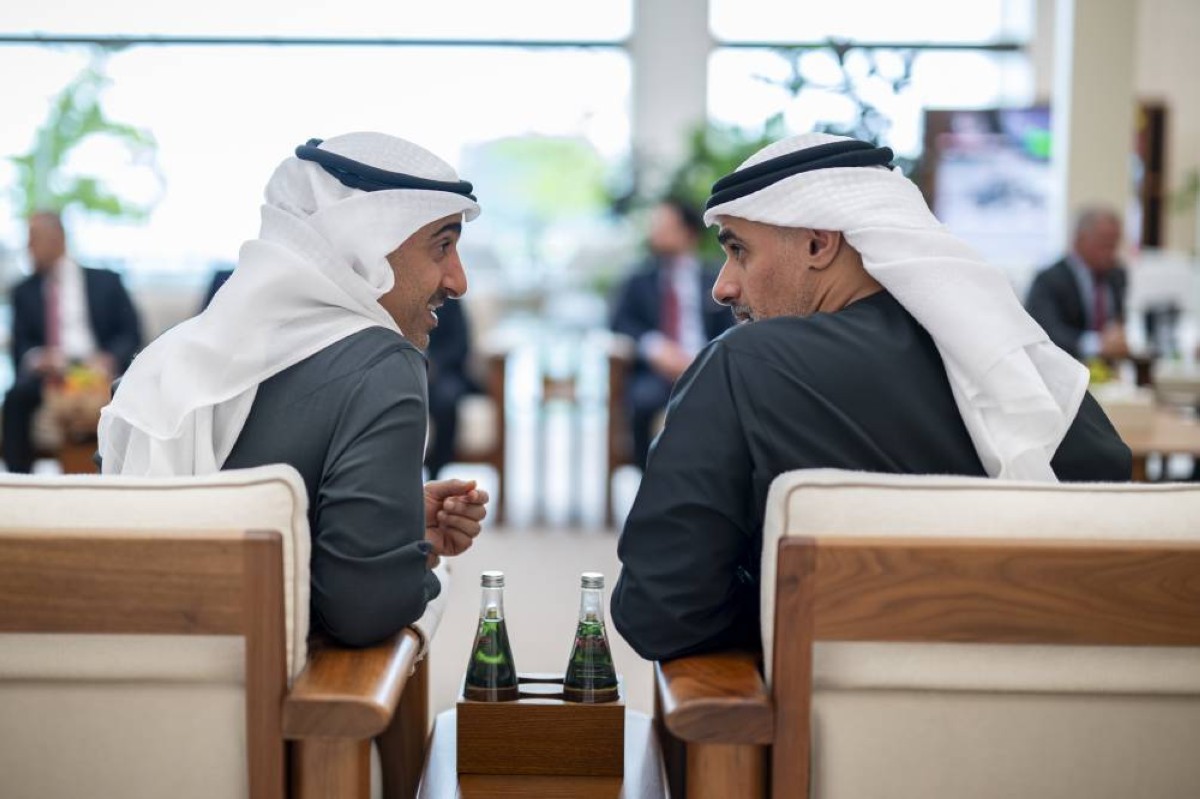 ABU DHABI, UNITED ARAB EMIRATES - September 07, 2025: HH Sheikh Hamdan bin Mohamed bin Zayed Al Nahyan, Deputy Chairman of the Presidential Court for Special Affairs (L) and HH Sheikh Khaled bin Mohamed bin Zayed Al Nahyan, Crown Prince of Abu Dhabi and Chairman of Abu Dhabi Executive Council (R), attend a meeting with HM King Abdullah II, King of Jordan (not shown), at Al Shati Palace.
( Hamad Al Kaabi / UAE Presidential Court )
---
