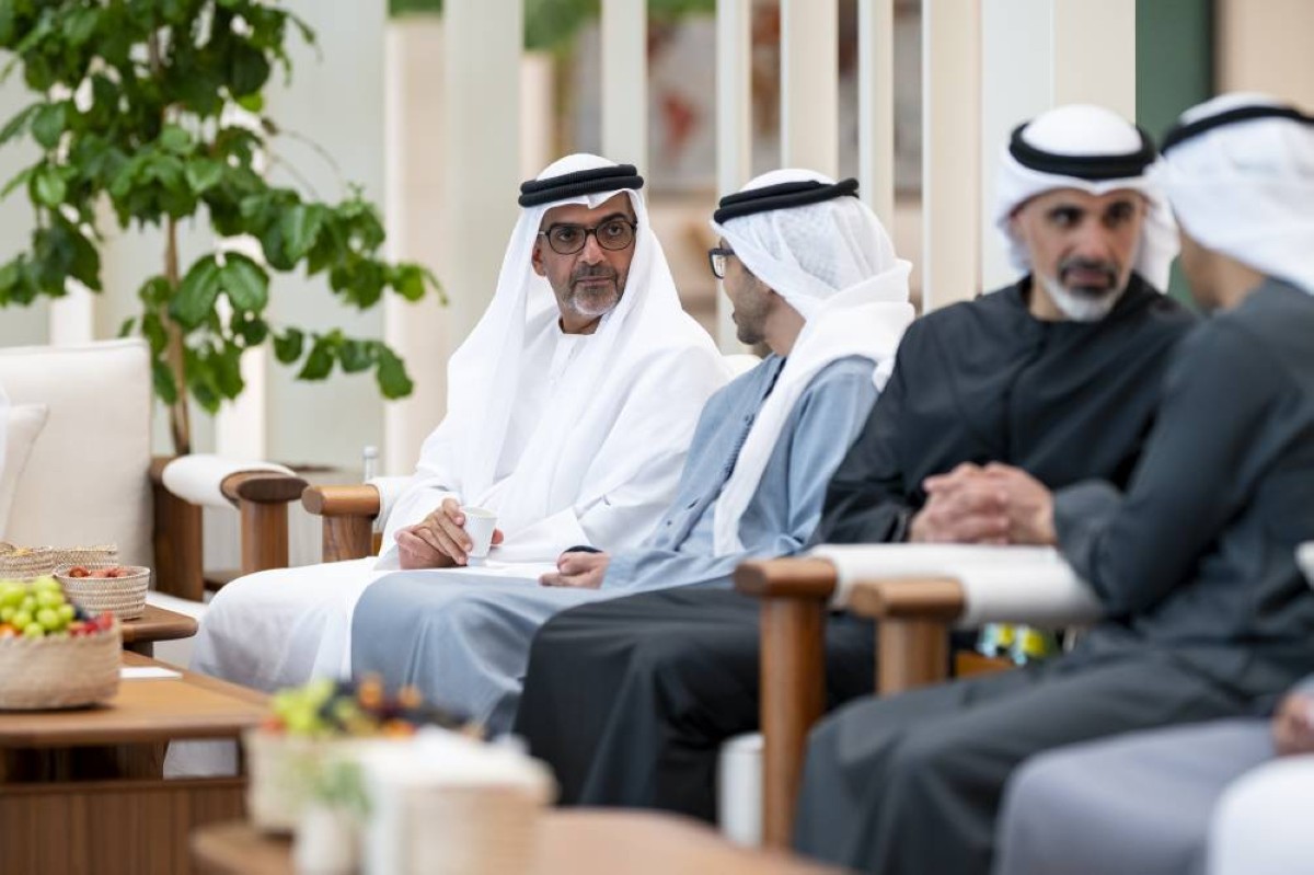ABU DHABI, UNITED ARAB EMIRATES - September 07, 2025: (L-R) HH Sheikh Hamed bin Zayed Al Nahyan and HH Sheikh Abdullah bin Zayed Al Nahyan, UAE Deputy Prime Minister and Minister of Foreign Affairs, attend a meeting at Al Shati Palace.
( Hamad Al Kaabi / UAE Presidential Court )
---