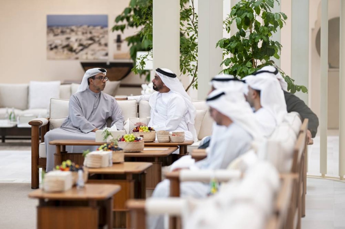 ABU DHABI, UNITED ARAB EMIRATES - September 07, 2025: (L-R) HH Sheikh Mansour bin Zayed Al Nahyan, UAE Vice President and Deputy Prime Minister and HH Lt General Sheikh Saif bin Zayed Al Nahyan, UAE Deputy Prime Minister and Minister of Interior, attend a meeting with HM King Abdullah II, King of Jordan (not shown), at Al Shati Palace.
( Hamad Al Kaabi / UAE Presidential Court )
---