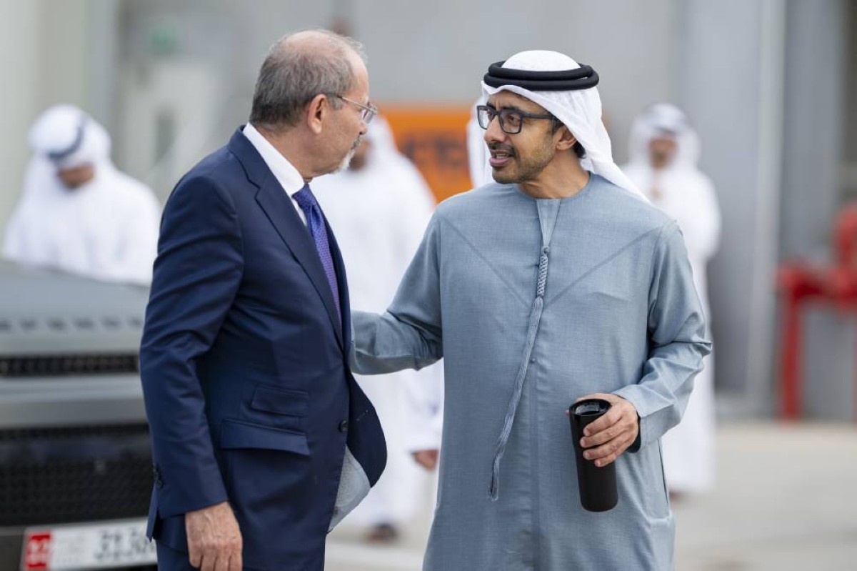ABU DHABI, UNITED ARAB EMIRATES - September 07, 2025: HH Sheikh Abdullah bin Zayed Al Nahyan, UAE Deputy Prime Minister and Minister of Foreign Affairs (R) bids farewell to HE Ayman Al Safadi, Deputy Prime Minister and Minister of Foreign Affairs and Expatriates of Jordan (L), at Al Bateen airport.
( Omar Al Askar / UAE Presidential Court )
---