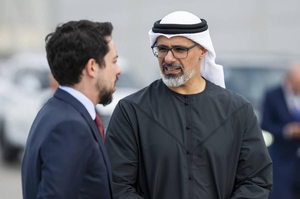 ABU DHABI, UNITED ARAB EMIRATES - September 07, 2025: HH Sheikh Khaled bin Mohamed bin Zayed Al Nahyan, Crown Prince of Abu Dhabi and Chairman of Abu Dhabi Executive Council (R) bids farewell to HRH Hussein bin Abdullah, Crown Prince of Jordan (L), at Al Bateen airport.
( Omar Al Askar / UAE Presidential Court )
---