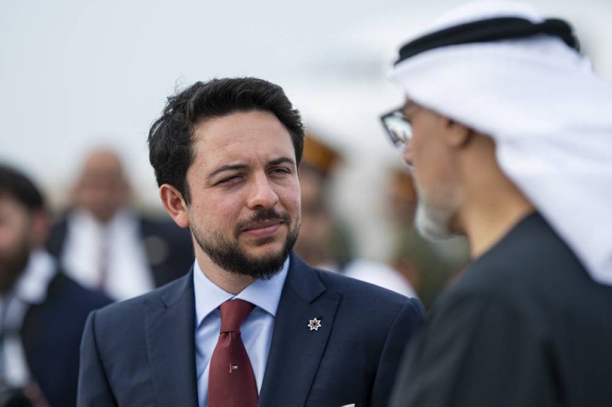 ABU DHABI, UNITED ARAB EMIRATES - September 07, 2025: HRH Hussein bin Abdullah, Crown Prince of Jordan (L) bids farewell to HH Sheikh Khaled bin Mohamed bin Zayed Al Nahyan, Crown Prince of Abu Dhabi and Chairman of Abu Dhabi Executive Council (R - face not shown), at Al Bateen airport.
( Omar Al Askar / UAE Presidential Court )
---