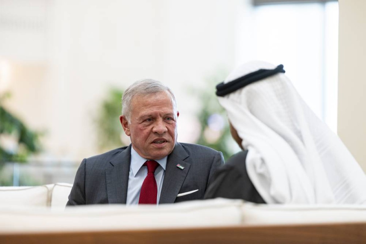ABU DHABI, UNITED ARAB EMIRATES - September 07, 2025: HH Sheikh Mohamed bin Zayed Al Nahyan, President of the United Arab Emirates (R), meets with HM King Abdullah II, King of Jordan (L), at Shati Palace.   
( Ryan Carter / UAE Presidential Court )
---