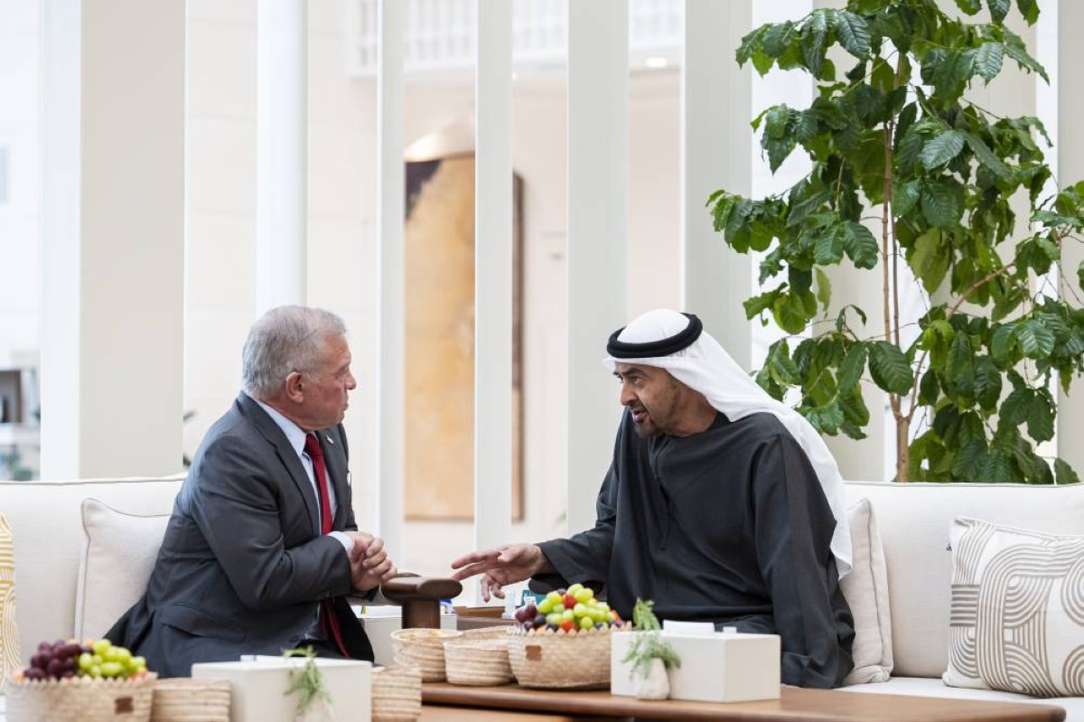 ABU DHABI, UNITED ARAB EMIRATES - September 07, 2025: HH Sheikh Mohamed bin Zayed Al Nahyan, President of the United Arab Emirates (R), meets with HM King Abdullah II, King of Jordan (L), at Shati Palace.   
( Ryan Carter / UAE Presidential Court )
---
