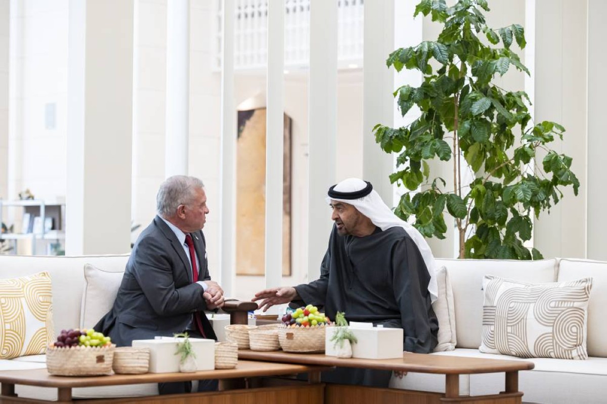 ABU DHABI, UNITED ARAB EMIRATES - September 07, 2025: HH Sheikh Mohamed bin Zayed Al Nahyan, President of the United Arab Emirates (R), meets with HM King Abdullah II, King of Jordan (L), at Shati Palace.   
( Ryan Carter / UAE Presidential Court )
---