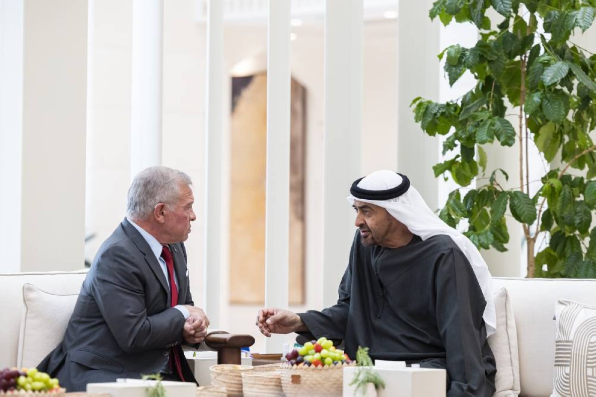 ABU DHABI, UNITED ARAB EMIRATES - September 07, 2025: HH Sheikh Mohamed bin Zayed Al Nahyan, President of the United Arab Emirates (R), meets with HM King Abdullah II, King of Jordan (L), at Shati Palace.   
( Ryan Carter / UAE Presidential Court )
---