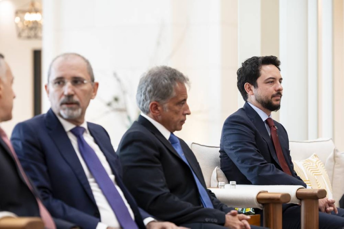 ABU DHABI, UNITED ARAB EMIRATES - September 07, 2025: (L-R) HE Ayman Safadi Deputy Prime Minister and Minister of Foreign Affairs and Expatriates of Jordan, HE Jafar Hassan, Prime Minister of Jordan, and HRH Hussein bin Abdullah, Crown Prince of Jordan, attend a meeting at Al Shati Palace. 
( Ryan Carter / UAE Presidential Court )
---